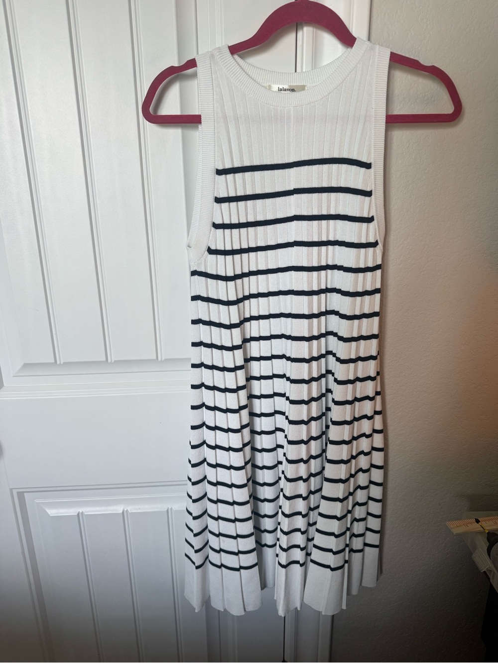 Sleeveless White Dress with Black Stripes - Casual Mini Swing - Picture 4 of 4